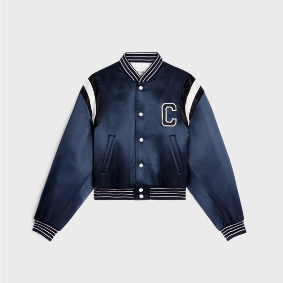 CELINE CROPPED BOMBER JACKET IN THICK SATIN NAVY - Picture 1 of 9